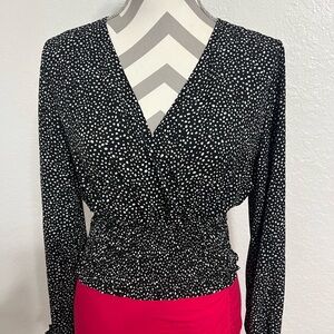 Shein Black White Dot Ruched Long Sleeve Drawstring Crop Top Size Large # 484